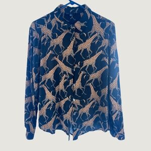 Jane + Delancey Womens Medium Black Giraffe Print Rayon Button Down Shirt M